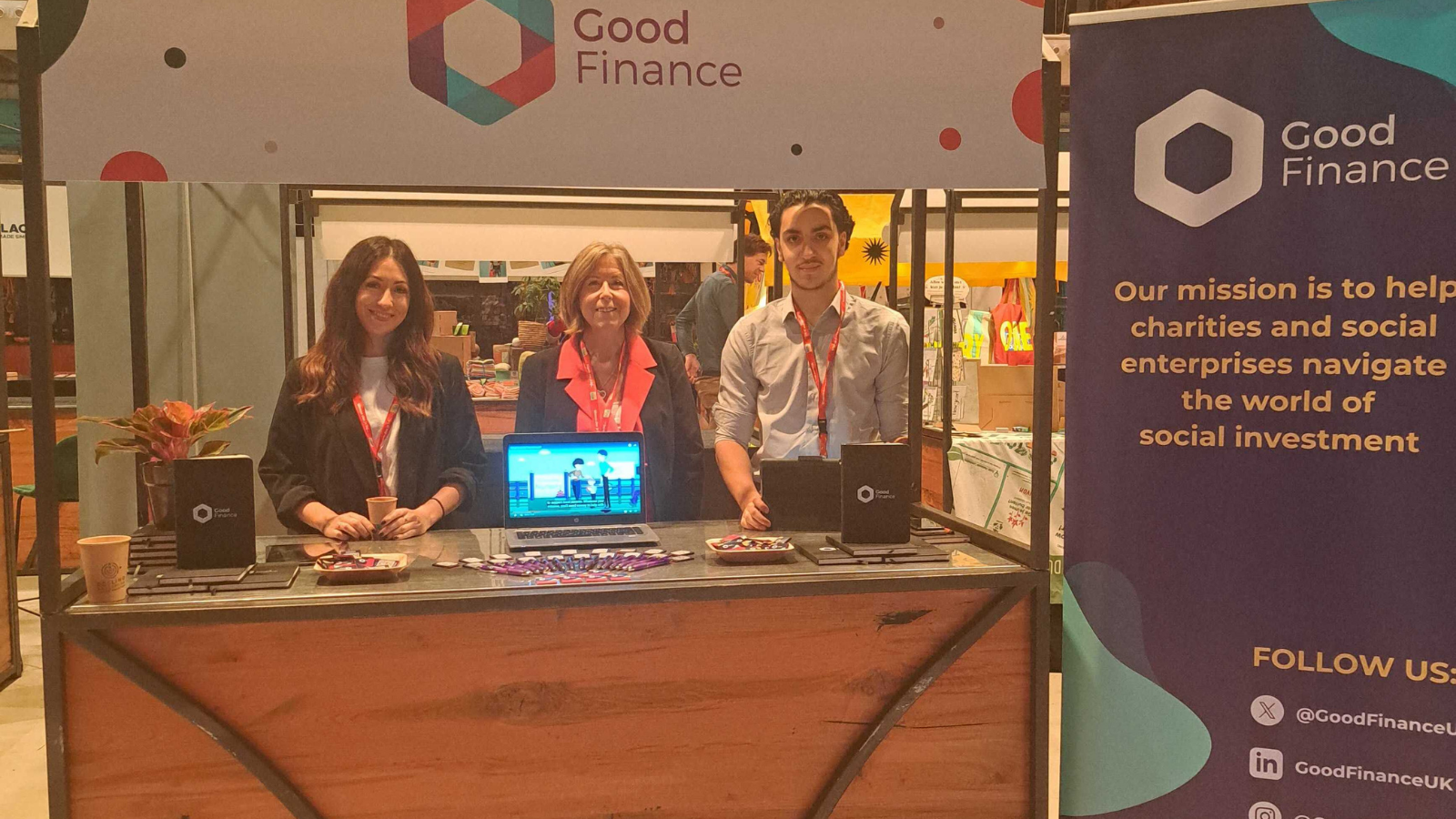 Olivia, Mel and Abdullah at the Good Finance stand