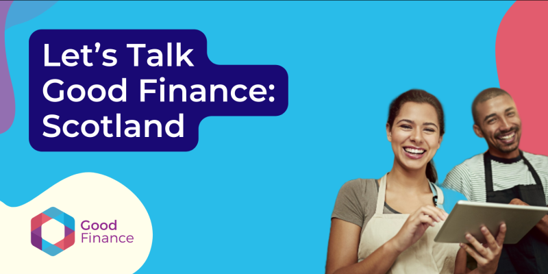 Banner reading: Let's Talk Good Finance - Scotalnd. Two people in picture wearing aprons and smiling