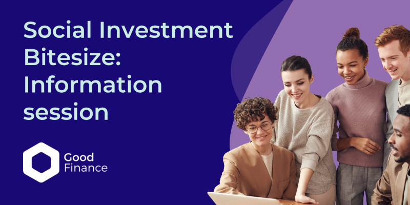 Image of people looking at a laptop screen and smiling. Text reads Social Investment Bitesize: Information Session