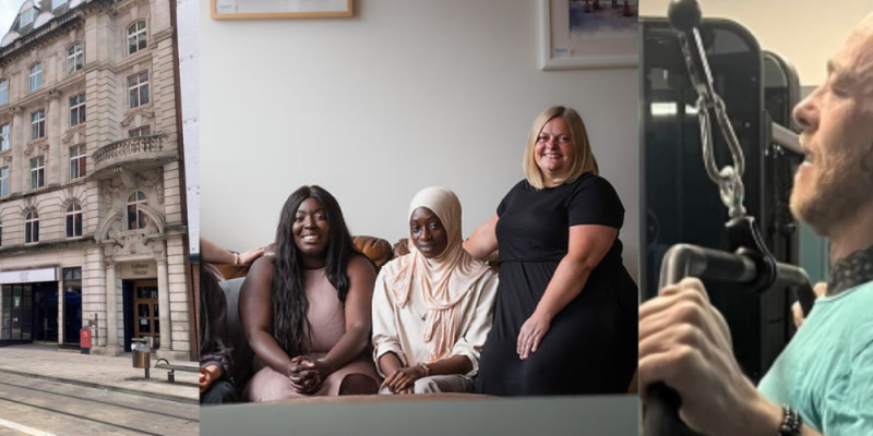 Images of Latham House - BVSC, 3 women from Rose Tinted Financial Services and a man working out in the gym.